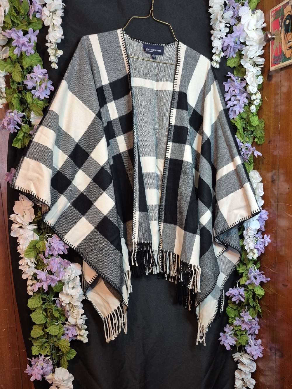 Jones New York Black and White Plaid Fringe Poncho